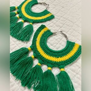 Crochet Earring, green and Yellow, width 4.25”, long 4”